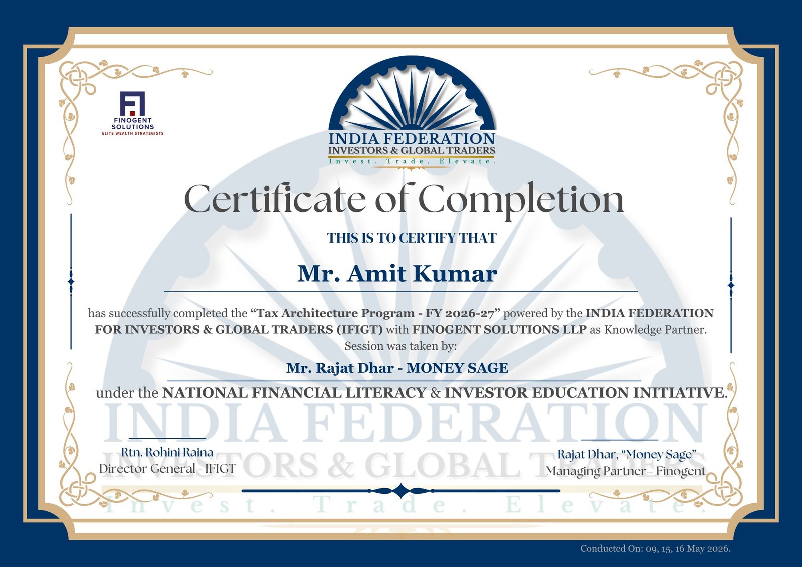 Certificate of Completion — Tax Architecture Programme FY2026-27 · Issued by IFIGT & Finogent Solutions LLP
